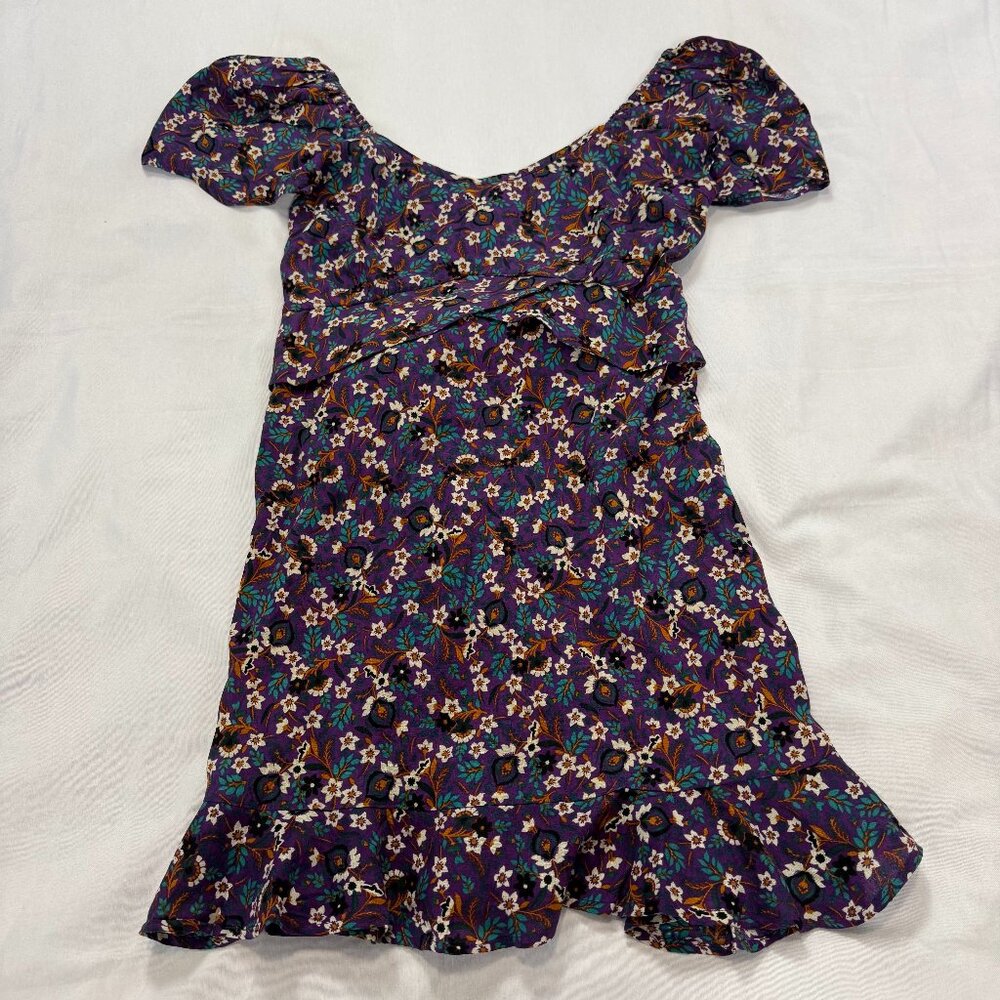Band of the Free Women’s Floral Mini Dress Small Purple Ivory Puff Sleeve
